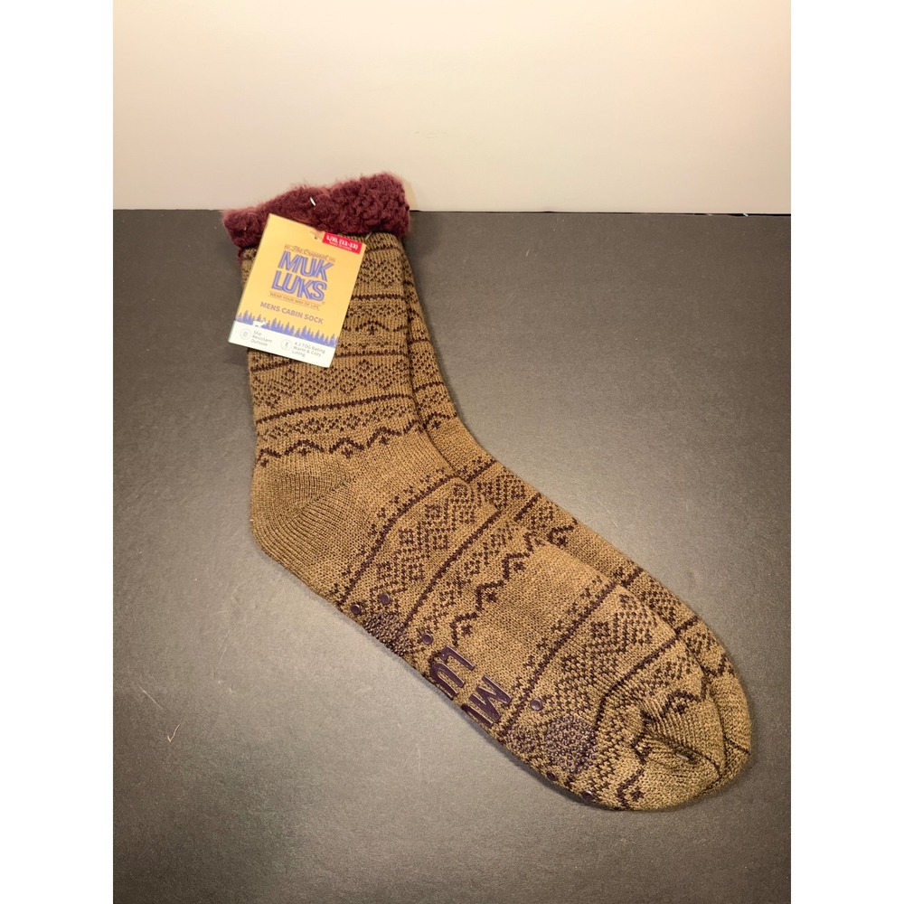 Muk Luks Mens Cabin Socks Slip Resistant Brown Faux Fur Lined L/XL 11-13 NEW